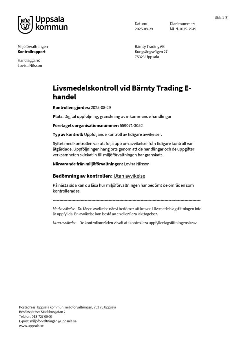 Kontrollrapport livsmedel, sida 1