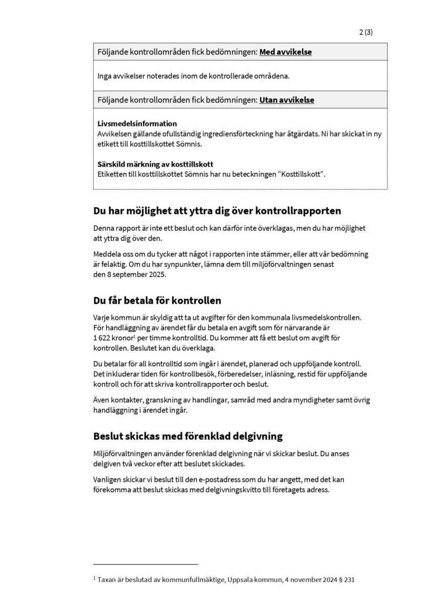 Kontrollrapport livsmedel, sida 2