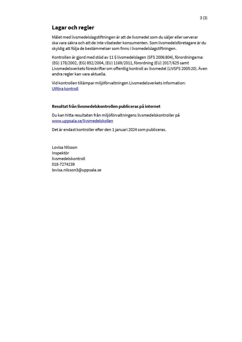 Kontrollrapport livsmedel, sida 3