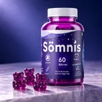 Sömnis-burk med 60 lila gummibjörnar på en marmorskiva