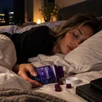 Kvinna som sover i sängen med en burk Sömnis gummibjörnar i handen