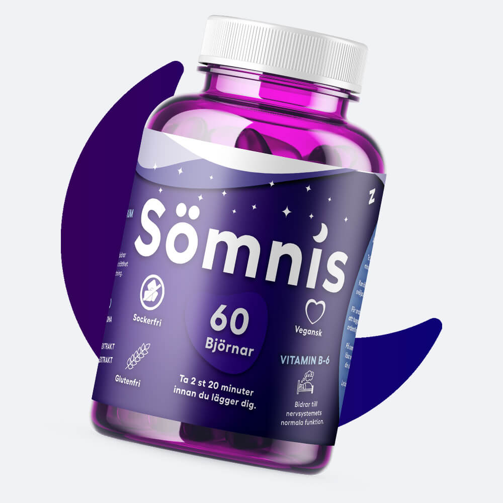 En burk med Sömnis gummibjörnar i en lila burk med vit text och logga