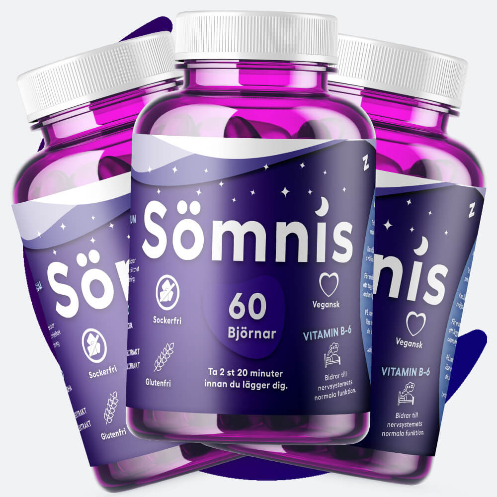 Naturliga vitaminer för sömn från Sömnis - lila burk med etikett med stjärnor och text