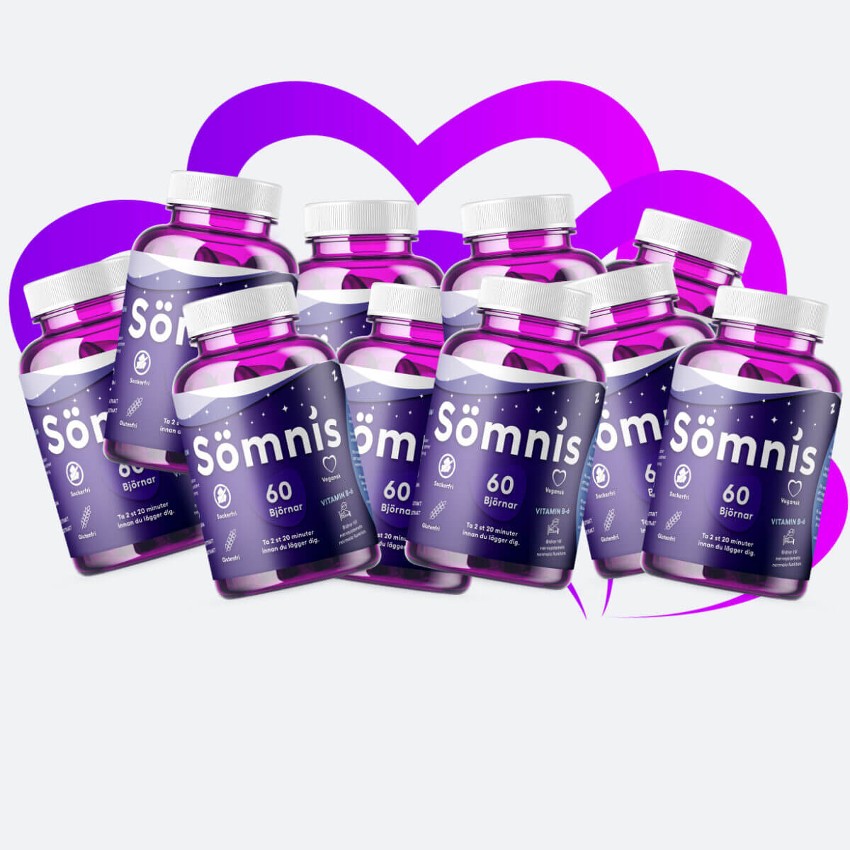 Sömntillskott med 10 stycken lila burkar från Sömnis med 60 stycken gummbjörnar i varje burk.