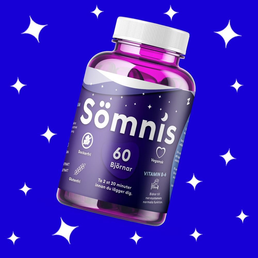 Sömtillskott från Sömnis med gummibjörnar - blå bakgrund med stjärnor